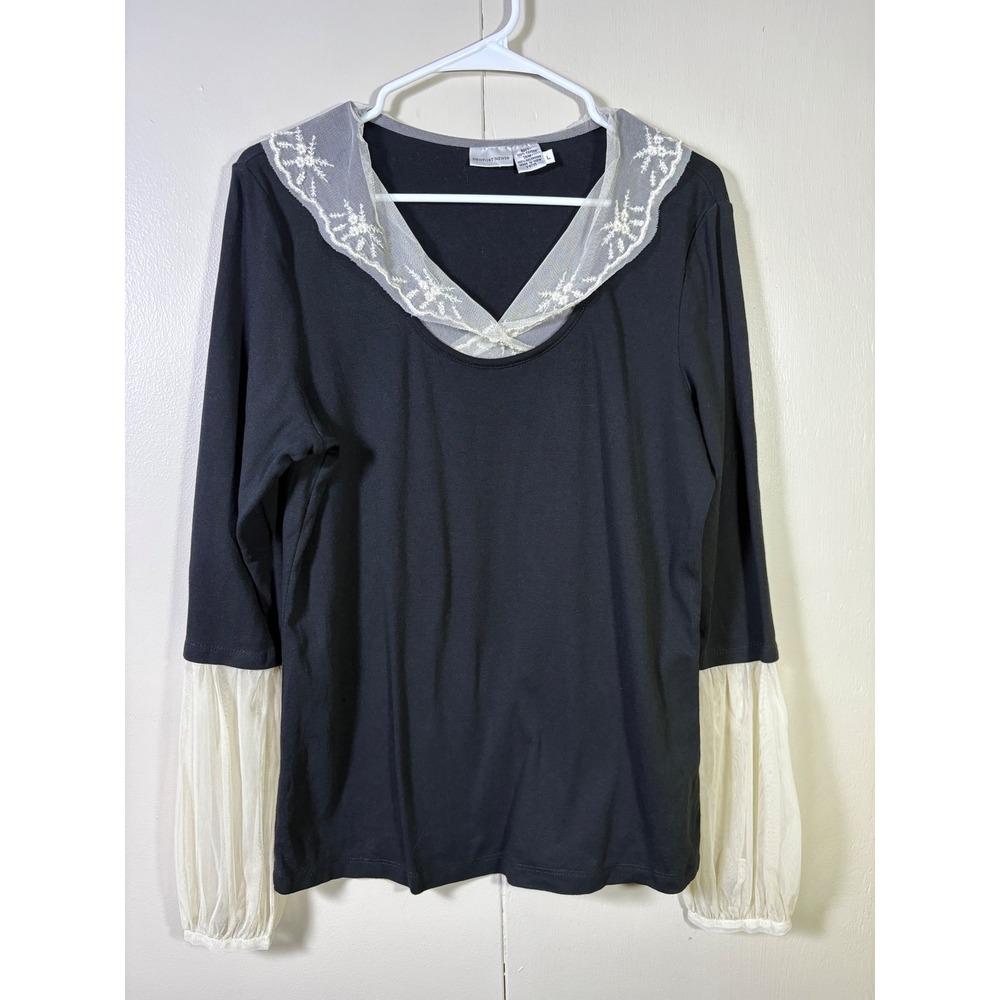 Newport News L Black Top Ivory Lace Collar Bell Sleeve Romantic Y2K Whimsigoth